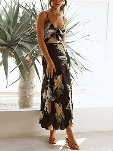 Image of Fashionme Women Spaghetti Strap Midi Satin Dresses Tie Front Backless Slit Cutout Dress Semi-Formal /Casual Flowy Lightweight
