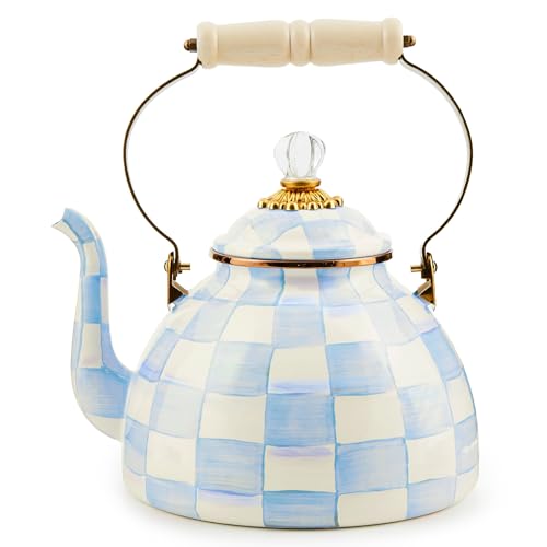 Image of MACKENZIE-CHILDS Tea Kettle, 3 Quarts, Light-Blue-and-White Sky Check