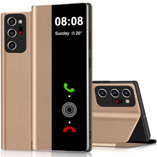 Étui Samsung Note 20 Ultra doré à rabat S View en cuir et TPU avec support de luxe