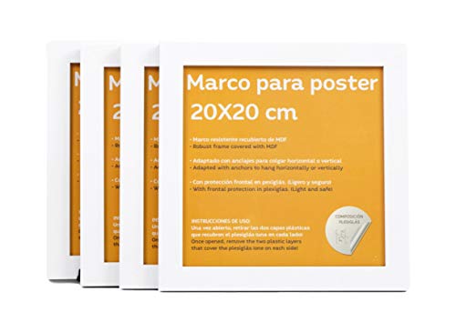 Set de 4 Marcos blancos para fotos, posters, láminas, diplomas. Tamaño(20x20 cm).Robustos de MDF y frontal de plexiglas.Marcos blancos para colgar de alta calidad.