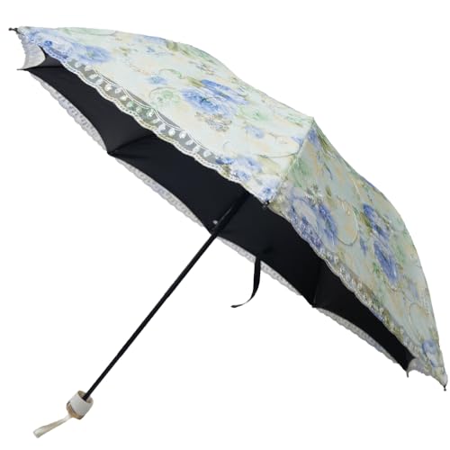 Paraguas compacto plegable de flores azul con protección solar UV 3