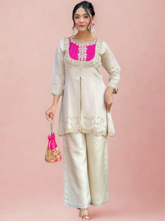 Image of Wedding Outfit For Women Embroidered Shrara Set For Women Designer Silk Kurta With Sharara Pants Festive Ethnic Wear Traditional Outfit For Celebrations Functions Ceremonies And Gatherings