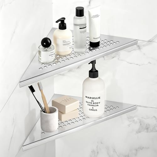 Supaway 2 Piezas Estante de esquina para ducha de acero inoxidable 304 estante de esquina de baño sin taladrar, Repisa de ducha con diseño de rejilla (Acabado cepillado integrado, 254 mm x 254 mm)