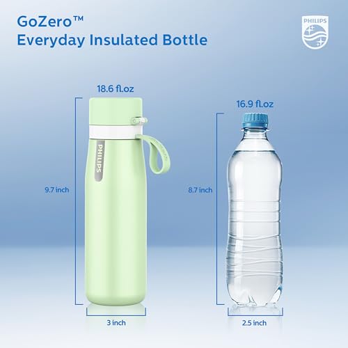 Image of Philips GoZero Everyday Water Filter Bottle With Replaceable Filter and Straw - Transform Tap Into Tastier Drinking Water - Lightweight Tritan Plastic /Stainless Steel 22 oz /18.6 oz