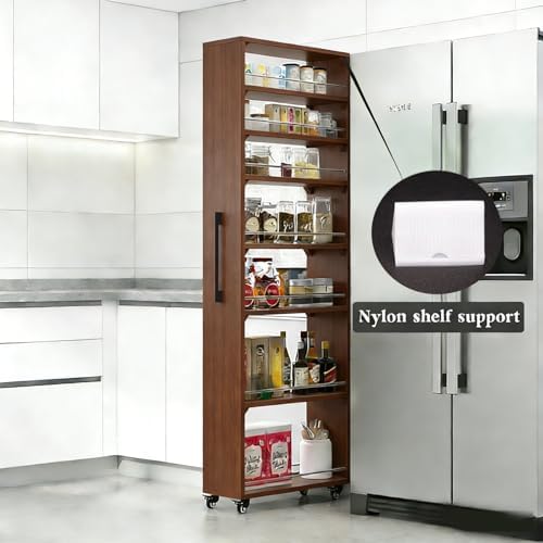 7-Tier Rolling Wooden Storage Shelf - Slim Narrow Organizer for Kitchen, Dining Room, Closet - Black Walnut Finish - W10×D22×H72 - Versatile & Space-Saving Solution