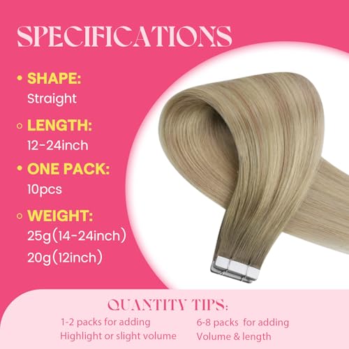 Image of Ve Sunny Hair Tape in Extensions Ash Blonde Mix Platinum Blonde | Human Hair Extensions Tape ins,20Inch 25g 10Pcs,Skin Weft,for Wedding
