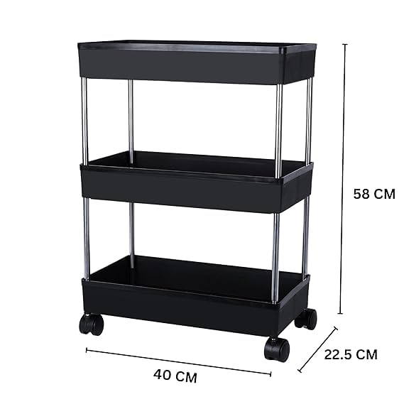 Image of Multipurpose 3-Tier Storage Shelf, Storage Rack with Wheels, Storage Organizer Cart for Kitchen, Pantry Closet, Bedroom, Bathroom(3 Layer, Black)