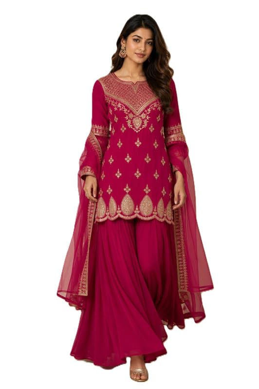 Women's Embroidered Georgette Kurta Sharara Set with Dupatta | Round Neck Full Sleeve Ethnic Suit Set | Flared Sharara | Festive for Women-picture-45