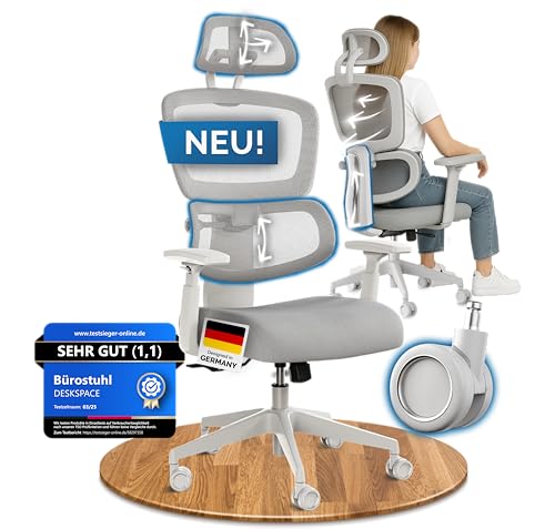 DESKSPACE Move Bürostuhl ergonomisch für Homeoffice bis 150kg - Schreibtischstuhl mit intelligenter Lordosenstütze, 3-stufiger Neigung & höhenverstellbare Rückenlehne, Bürodrehstuhl (Grau)