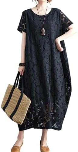 Minesam Cocoon Dress, Short Sleeve, Lace Dress, Women's, Long Dress, All Lace, Short Sleeve, Long Length, Spring and Summer, Neat, Body Cover, Large Size, Loose