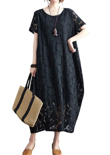 [Ｍｉｎｅｓａｍ] コクーンワンピース 半袖 レースワンピース レディース ロングワンピース 総レース 半袖 ワンピース ロング丈 春夏 きれいめ 体型カバー 大きいサイズ ゆったり (ブラック,M)（Amazon）