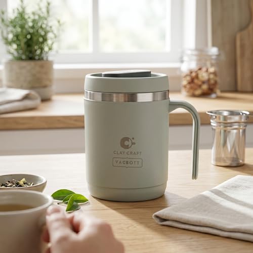 Image of CLAY CRAFT VACBOTT Dyona 400ML (Light Grey) Premium Stainless Steel Puf-Insulated Flask Mug| Long Hrs Hot & Cold|Airtight, BPA-Free, Leak-Proof Travel Mug with Handle| Made in India