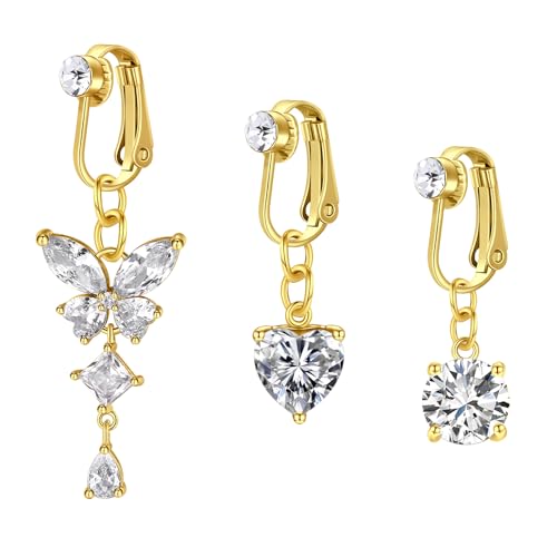 NIUSIMAN piercing falso ombligo acero quirúrgico Piercing ombligo colgante oro largo 3 piezas Piercing ombligo corazón mariposa Clip piercing falso ombligo Mariposa Non Piercing