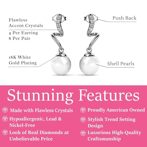 Cate & Chloe Ophelia 18k White Gold-Plated Dangle Pearl Earrings with Simulated Diamond Crystals, Elegant Jewelry for Women, Gift for Her on Christmas, Anniversary, Birthday — view 2