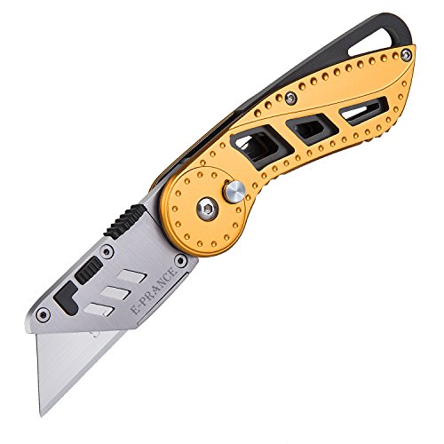 E-PRANCE Cutter Pliant Couteau de Poche Multifonction Outils de Coupe et 6 Lames de Rechange, Sécurité Verrouiller la Lame, Poignée en Aluminium Antidérapante, pour Coupe de Boîte, Carton, Moquette