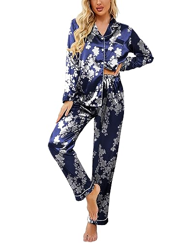 Ekouaer Women's Classic Button Down Long Satin Silk Pajama Set