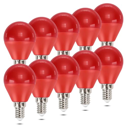 Aigostar Bombillas LED Rojas E14 4W G45, Equivalente 30W, Pack de 10, Luz Roja 400LM, Bombilla de Colores Decorativa para Hogar, Terraza, Bar, Iluminación Navideña y Halloween