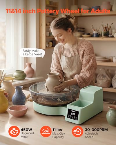 Image of VEVOR Pottery Wheel for Adults, 14 inch and 11 inch Turntables, 450W Electric Table Top Pottery Wheel with Foot Pedal, 30-300 RPM Adjustable Speed, Detachable Basin, for Beginners, DIY Clay Art Craft, Green