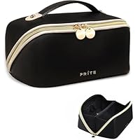 Prite Large Capacity Makeup Bag Portable Travel Cosmetic Bag Waterproof Toiletry Case with Clear Divider and Handle (Black)