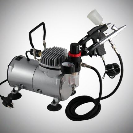 GotHobby High Performance Airbrush Kit with Single Cylinder Piston Compressor, 2 Dual-action Airbrush and 1/8
