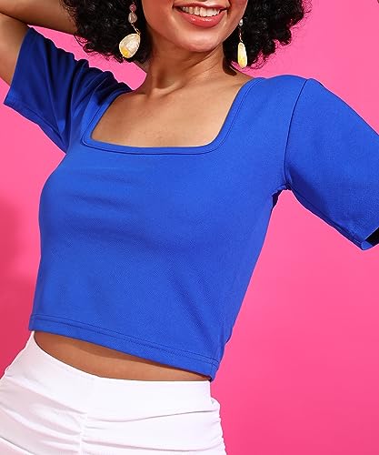 Image of POPWINGS Women Casual Black Solid Short Sleeve Self Design Crop Top | Women Tops | Women Regular Tops | Women Tops | Women Stylish Tops