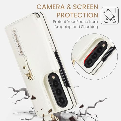 Coque Samsung Z Fold 4 en cuir premium blanc avec fermeture éclair