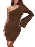 Lynwitkui Women's One Shoulder Bodycon Dresses Bell Sleeve Ribbed Slim Fit Short Mini Party Club Dre