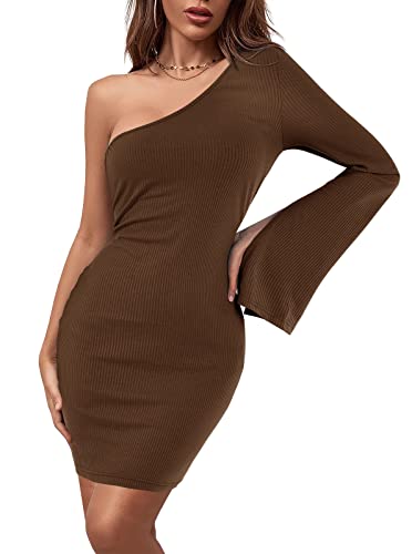 Lynwitkui Women's One Shoulder Bodycon Dresses Bell Sleeve Ribbed Slim Fit Short Mini Party Club Dress Brown #TOP30