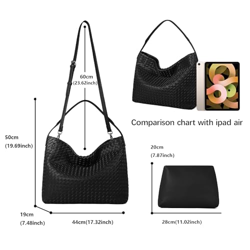 Image of Woven Tote Bag For Women,Vegan Leather Shoulder Bag Large Handbags Satchel Messenger Bag (BLACK+Toy)