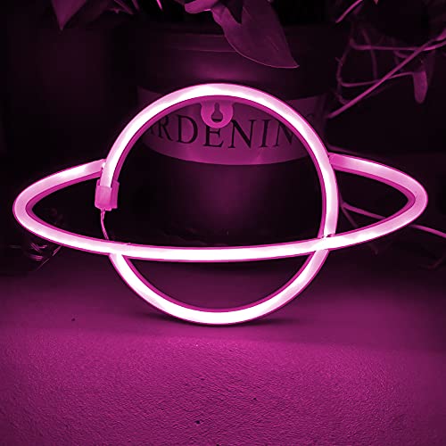 Bipily Planet Neon Signs LED Enseigne Murale Au Néon, Suspendus Neon Lights Planet USB/Batterie Planète Lampe Neon Light pour Enfants Chambre Fête Danniversaire Bar Décor De Mariage-Rose Planète Cover