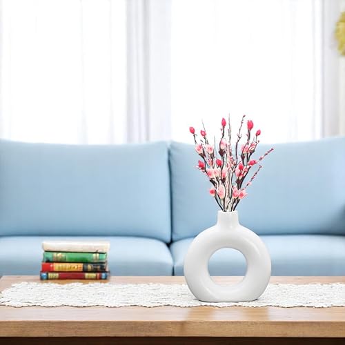 Image of Modern Ceramic Ring Vase with Pink Floral Stems, White, Decorative Flower Holder for Home (5 INCH)