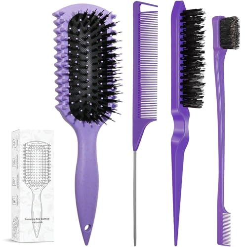 Curl Defining Brush Curly Hair Brush Products With 3 Pcs Slick Back Hair Brush Set Bristle Brush Edge Control Teasing Comb for women (Purple)