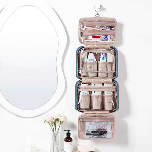Image of NISHEL Travel Toiletry Bag for women, Portable Hanging Organizer for Full-Sized Shampoo, Conditioner, Brushes Set, Makeup Accessories, Large Size, Lake-Blue