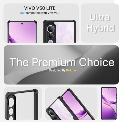Image of Pikkme Back Cover for Vivo V50 Lite 4G | Ultra Hyrbid | Full Camera Protection | Raised Edge |Crystal Clear Transparent Bumper Case (Black)