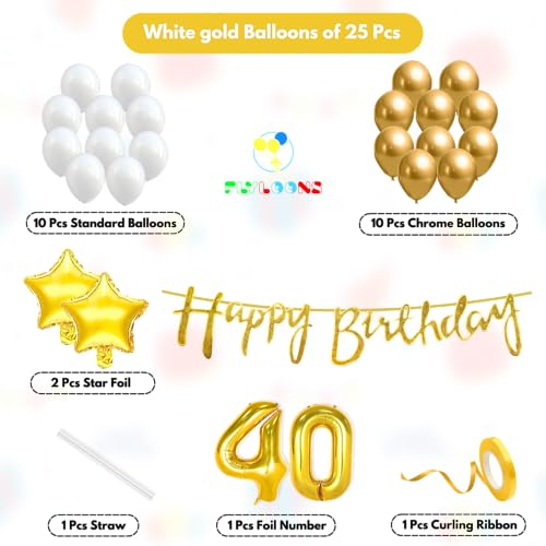 Image of Flyloons 40th Happy Birthday Decoration Kit Gold White for Boys Girls Men Women Adults With 20 Pcs Chrome Balloons Birthday Banner 2 Pcs Star Items Set Golden