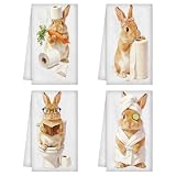 WADORN 4Pcs Serviettes de Cuisine Lapin Drôle, Cadeaux Mignons Lapin Décoratifs Serviettes à Main pour Amateurs Lapins 60x40cm Microfibre Absorbante Douce Torchons à Thé pour Salle de Bain Toilettes