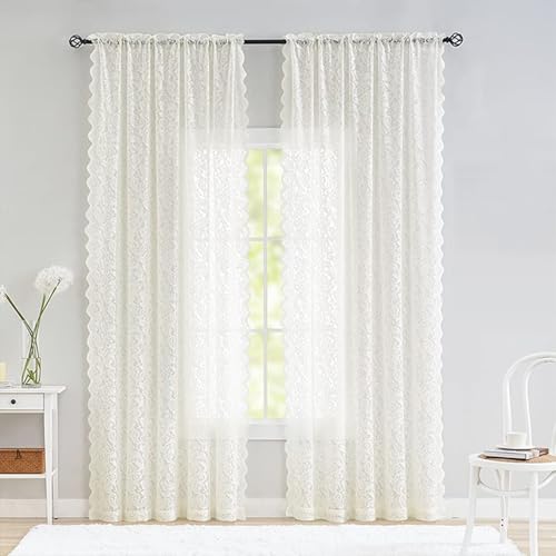 Homxi Cortinas Cocina Semitranslucida 2 Piezas,2 x 140W x 160H CM,Cortinas de Ventana Patrón de Florales Encaje Bordado Beige Cortina con Bolsillo