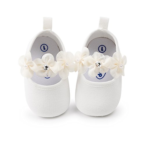 HsdsBebe Baby Girls Bowknot Cotton Mary Jane Shoes Soft Sole Toddler Fisrt Walkers Infant Princess Crib Flats First Birthday Party Gift(12-18 Months Toddler,White)