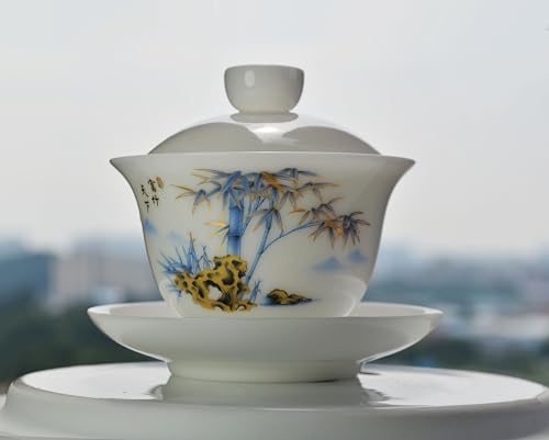 Image of Liang baobao Ice Jade White Porcelain Gaiwan,5oz Teacup Suet-fat Jade Porcelain Chinese Tea Cup Set for Gongfu Tea (bamboo)
