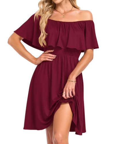 AUSELILY Burgundy Off The Shoulder Dress Summer Ruffle Dresses with Pockets