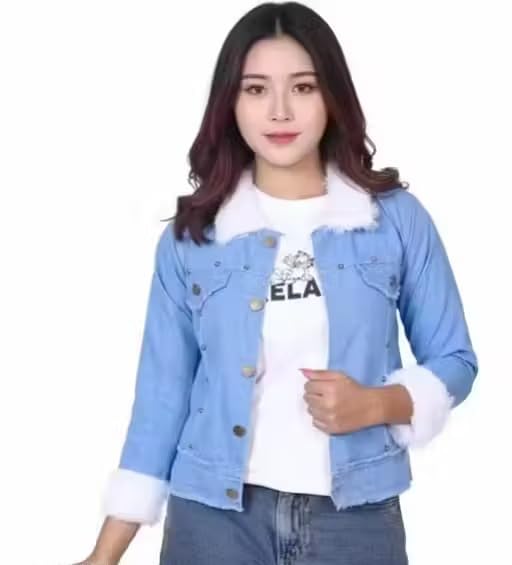 Women's Denim Jacket with Fur Collar, Blue, Long Sleeves, Biker Style, Regular Length-picture-55