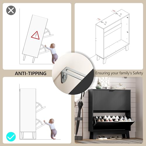Image of HUANLEGO Shoe Cabinet Storage for Entryway with 2 Flip Drawers, Fluted Narrow Shoe Organizer with Wooden Legs, Freestanding Slim Shoe Storage Hidden Shoe Rack Organizer for Front Door Entrance, Black