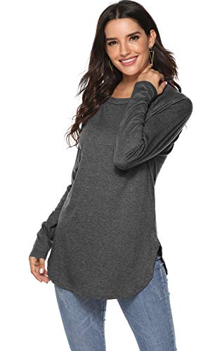Newchoice Loose Shirts for Women Basic Layering Top Solid Color Casual Long Tshirts (M,Dark Grey)