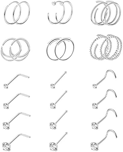 Vegolita 24Pcs 20G Surgical Steel Nose Rings Hoop Nose Studs Tragus Cartilage Earrings Piercing Jewelry 1.5mm 2mm 2.5mm 3mm CZ Silver