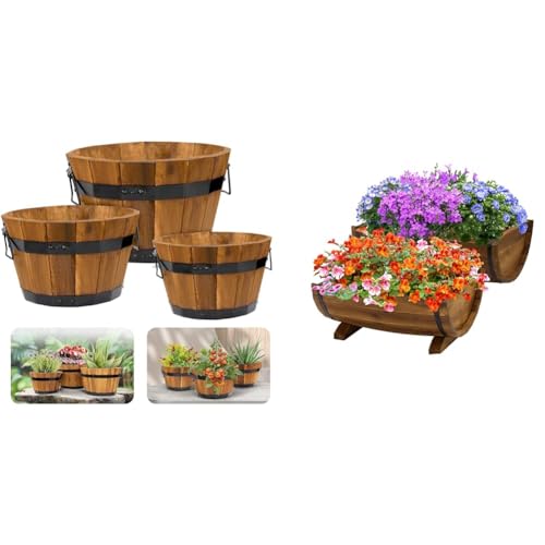 IDZO Set of 3 Acacia Wood Barrel Planters and 2 Different Size Half Barrel Planters for Outdoor Plants