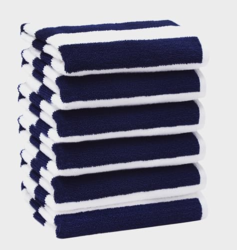 ORIGINAL KIDS Hand Towels - Set of 6 Cabana Stripe 100% Cotton Yarn Dyed Terry Hand Towels - Super Soft Quick Dry Easy Care Absorbent Towels for Bathroom Kitchen Toddlers Children - 16 x 27 - Navy