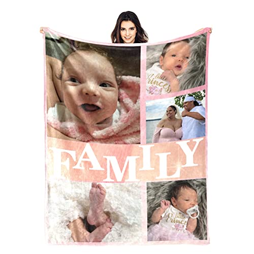 HSSQMH Custom Blankets with Photos Memory of Family Picture Blankets Customized Blanket with 5 Photo Collage Valentine's Day Wedding Birthday Personalized Gifts for Mom Dad Dogs Kids 50