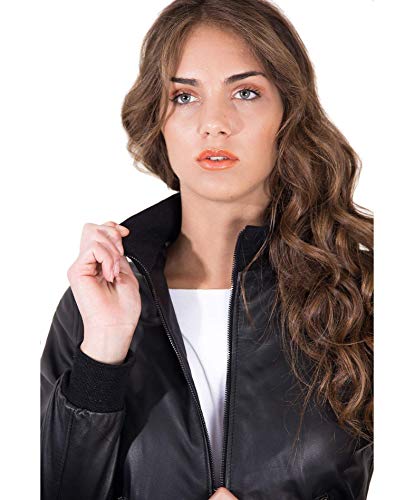 Bomber en cuir femme noir Made in Italy col élastiqué – vue 2