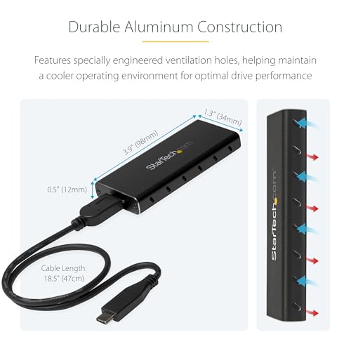 Image of StarTech M.2 SATA SSD Enclosure, USB 3.1 10Gbps, Aluminum (SM21BMU31C3) | For USB-C host, Cable included, USB 3.1 Gen 2, 30 to 80mm, SATA I /II /III, Ventilation, Aluminum