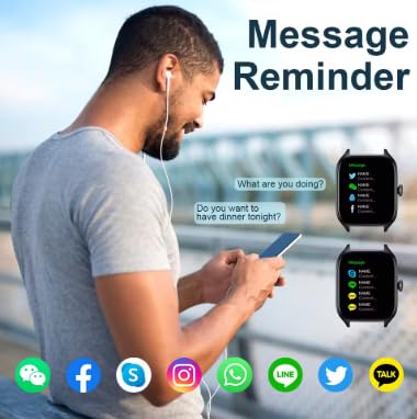 The H9 Pro Max Smartwatch displaying message reminders from various social media apps like Twitter, WhatsApp, and Instagram. A person is shown looking at their phone while wearing the smartwatch.